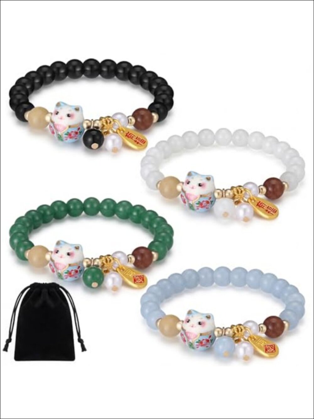4 Pcs Feng Shui Lucky Cat Bracelets Crystal Bead Stretch Good Luck Jewelry Gift